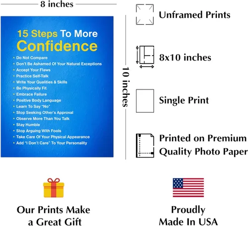 Vista 2 de 15 Steps for Confidence Wall Art,Positive Affirmations Print, 8x10 Unframed This print is matte poster. Self esteem decor for bedroom, office