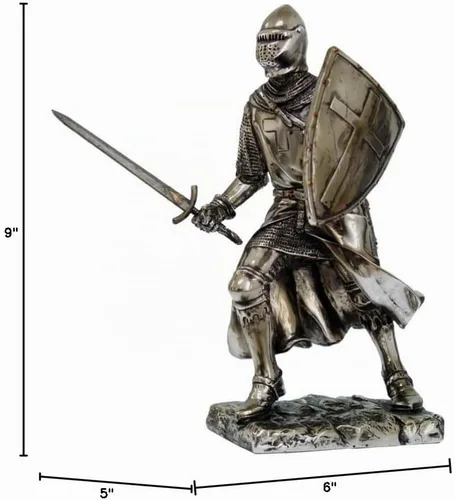 Vista 2 de Crusader Knight Estatua de resina fundida en frío con acabado plateado, 7 pulgadas (8714)