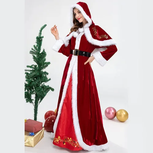 Vista 3 de Sinifer 4 piezas de lujo de Mrs. Santa Claus terciopelo con capucha para mujer
