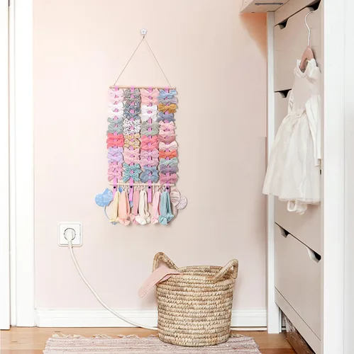 Vista 5 de OAOLEER Organizador de lazo para el pelo para niñas, pinzas para el pelo, diadema, organizador de almacenamiento para colgar en la pared, decoración