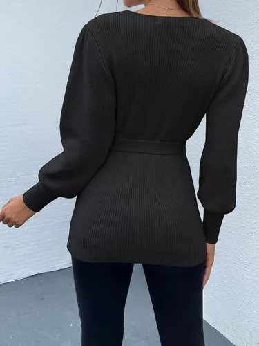 Vista 4 de KIRUNDO - Suéter de punto acanalado para mujer, cuello en V, para otoño 2020, jersey de punto con lazo