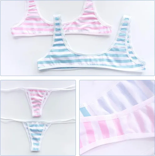 Vista 7 de YOMORIO Conjunto de sujetador y bragas de anime de lencería sexy a rayas micro bikini cosplay