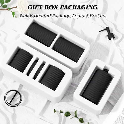 Vista 7 de Juego de accesorios de baño de cristal negro, 5 piezas, dispensador de jabón acanalado vintage, soporte para cepillo de dientes, vaso, tarro Qtip