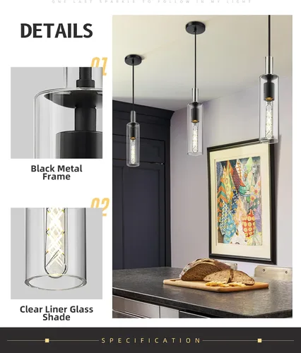 Vista 2 de AUTELO Lámparas Colgantes Modernas, Lámpara Colgante de Vidrio de 1 Luz, Luminarias Colgantes Industriales en Acabado de Metal Negro con Vidrio