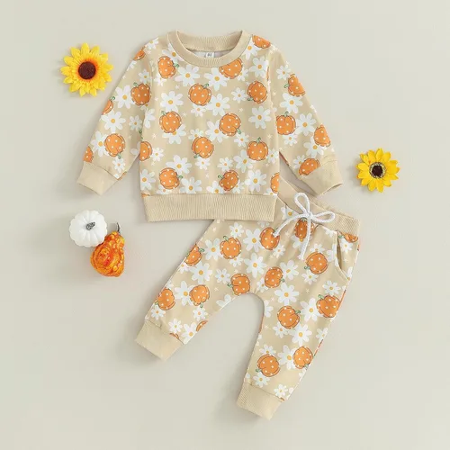 Vista 2 de Kayotuas Conjunto de camisa y pantalones de manga larga con cuello redondo para bebé, disfraz de calabaza, fantasma, calabaza, fantasma, camiseta