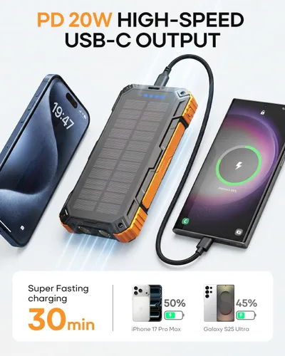 Vista 4 de BigBlue Banco de energía solar de 20,000 mAh con 4 cables incorporados, 20