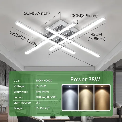 Vista 4 de CANEOE Moderna lámpara de techo LED de 38W regulable, lámpara de techo de montaje empotrado con control remoto, color plateado, cerca de la lámpara