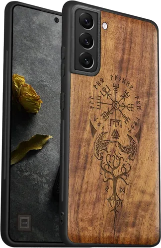 Vista 8 de Carveit Funda para Galaxy S22 Ultra de madera compatible con S22 Ultra Viking Compass Vegvisir-Rosy Madera real dura, TPU suave, funda protectora