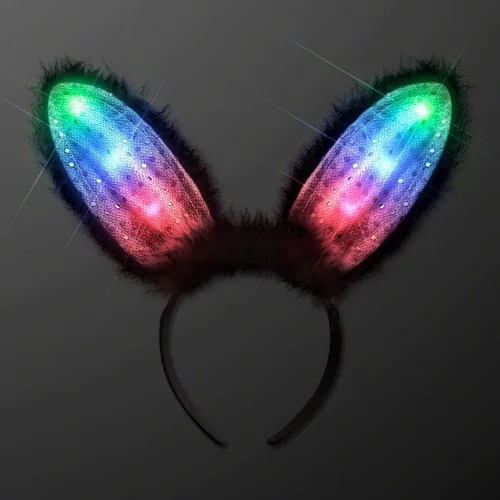 Vista 3 de Diadema con orejas de conejo negras iluminadas con LED intermitentes que cambian
