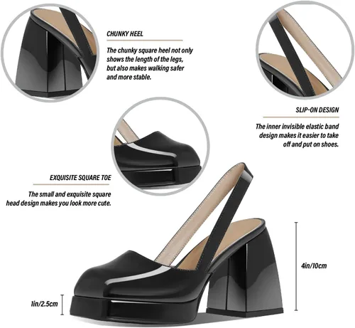 Vista 4 de Goiphrri Sandalias de tacón alto grueso con plataforma y punta cuadrada para mujer, tacón de bloque, sandalias de verano con tacón grueso, zapatos