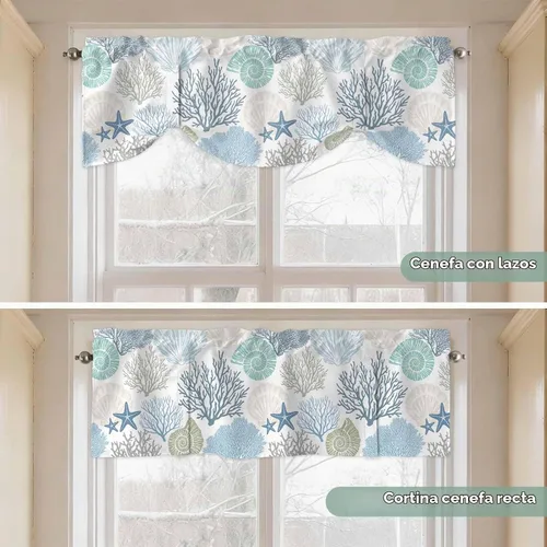 Vista 4 de Cenefa de amarre para ventanas, cortinas náuticas costeras de coral, cenefas con bolsillo para barra, cortinas de ventana con temática de playa