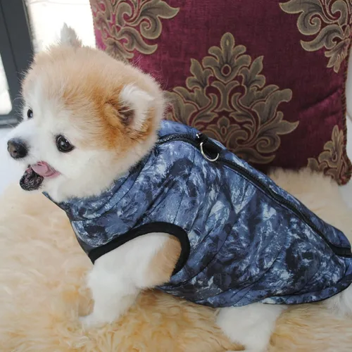 Vista 2 de Ropa para mascotas, abrigo de invierno para perro con cierre de cremallera y gancho para correa, chaleco para cachorro, chaqueta disfraz cálido