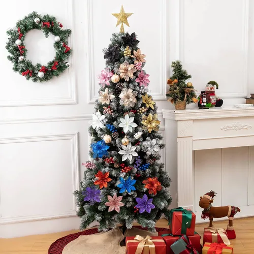 Vista 7 de 24 adornos de árbol de Navidad de flor de pascua con purpurina púrpura y tallos de bayas con purpurina, 16 flores artificiales de Navidad y 8 piezas