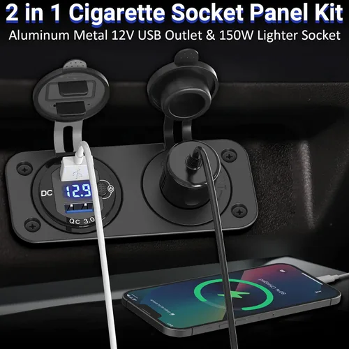 Vista 2 de Qidoe - Enchufe para encendedor de cigarrillos de 12 V, enchufe de cargador USB QC3.0 dual de aluminio de 40 W con interruptor voltímetro LED