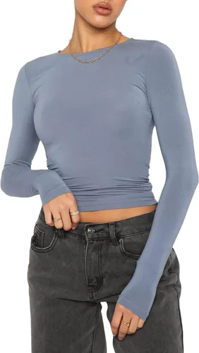 Vista 2 de KMBANGI Camiseta de manga larga con cuello redondo para mujer, básica, ajustada, de punto, acanalada, de moda, ropa de calle