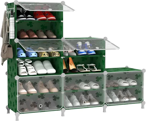 Vista 9 de UNKU Zapatero de 8 niveles, armario de almacenamiento de zapatos de 32 pares de estantes de plástico para zapatos, organizador para armario, Negro