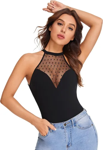 Vista 4 de Verdusa Top halter ajustado sin mangas de malla transparente de contraste para mujer