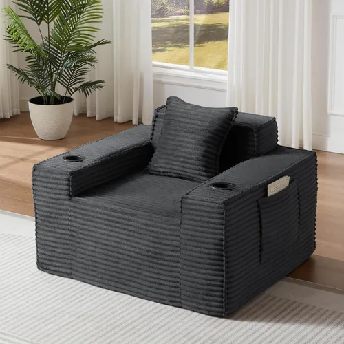 Vista 8 de Sofá sin hueso de 66.5 pulgadas con portavasos y bolsillos laterales, sofá biplaza tapizado de tela de pana moderna con 2 almohadas para sala