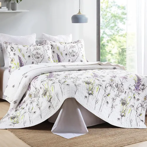 Vista 2 de PANGUSHAN Juego de edredón tamaño Queen – Juego de edredón 100% algodón, colcha botánica floral con 2 fundas de almohada, ropa de cama ligera