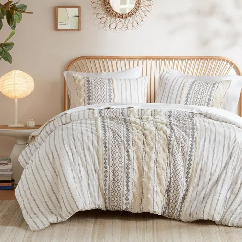 Vista 11 de INK+IVY Edredón para cama tamaño Queen, chenilla con mechones, juego de edredón de algodón transpirable Queen, edredón bohemio moderno para todas