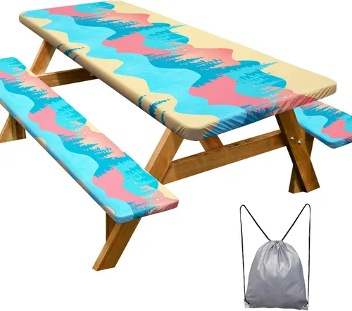 Vista 9 de Mantel de mesa de picnic con fundas de banco de 6 pies, 3 piezas, impermeable, resistente al viento, mantel de camping estético con bolsa