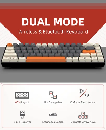Vista 2 de ZIYOU LANG RK68 Teclado mecánico inalámbrico 60%, receptor de modo dual Bluetooth 5.02.4Ghz, mini 68 teclas intercambiables en caliente, teclas