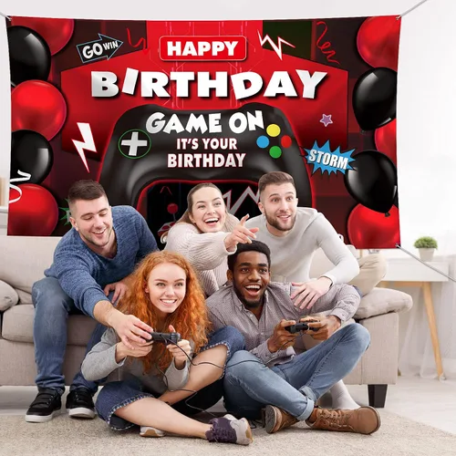Vista 5 de Sumind Telón de fondo de videojuegos de feliz cumpleaños, decoración de fiesta de videojuegos, telón de fondo de cumpleaños para niños, fondo