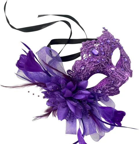 Vista 40 de MASQ Par de máscaras de encaje brocado para mascarada, Mardi Gras, cumpleaños, graduación, boda, fiesta Bk Lace W Pluma
