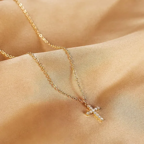 Vista 9 de Tewiky Cross Necklace for Women-Dainty Simple 14k Goldsterling silver Plated Cross Pendant Cute Diamond Necklaces for Women Gold Jewelry