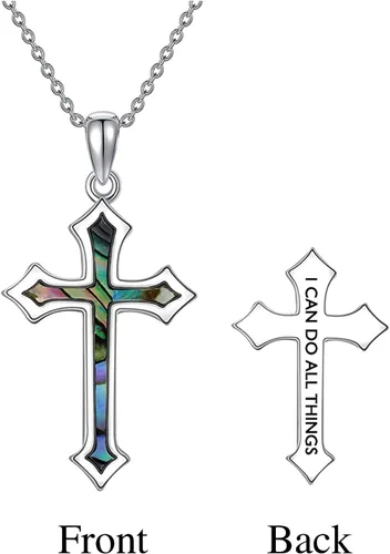 Vista 3 de RJK Collar de cruz para mujer, plata de ley, mariposa, paloma, infinito, fe, abulón, cruz, regalos religiosos, joyería cristiana, regalos