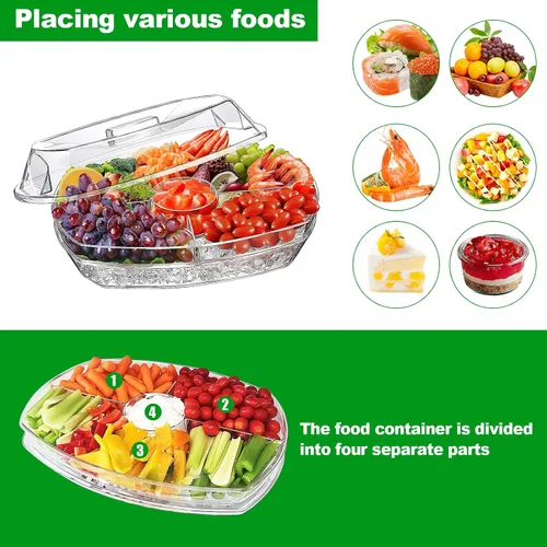 Vista 4 de Bandeja de servir enfriada con hielo extragrande con tapa, plato de frutas transparente con 4 compartimentos, plato de cóctel de camarones, cuenco