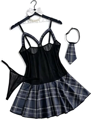 Vista 9 de Avidlove Conjunto de lencería sexy para mujer, falda a cuadros Rosa