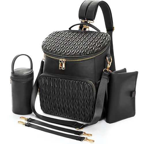 Vista 10 de Mochila para pañales, mochilas de cuero de moda para mamá, bolsas de pañales para bebés pequeños con organizador en bolsa y cambiador, Negro, M