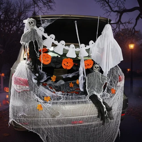 Vista 7 de Leyndo Kit de 117 piezas de decoración de Halloween para tronco o automóvil con fantasma de esqueleto colgante, fantasma de tela, guirnaldas