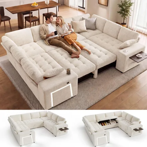 Vista 19 de Sofá modular modular de 86 pulgadas en forma de L, 5 asientos con cama Beige