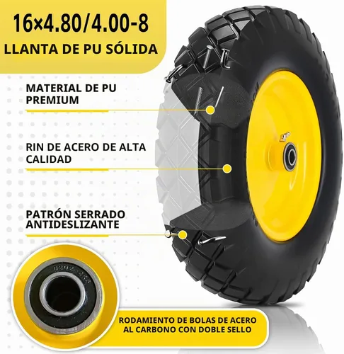 Vista 2 de Neumático y rueda sólidos para carretilla 4.80/4.00-8, neumático sin aire de 16" con cubo centrado de 3", rodamientos de 5/8" y 3/4", compatible