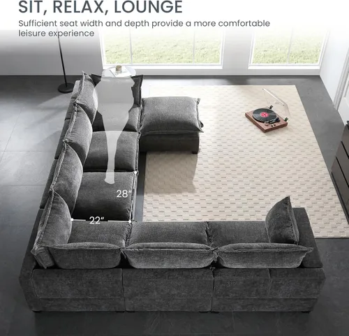 Vista 36 de Sofá modular de 103 pulgadas con 2 consolas acrílicas, juego de sofá en forma de U de gran tamaño con cargador USB, cajones de almacenamiento, Beige