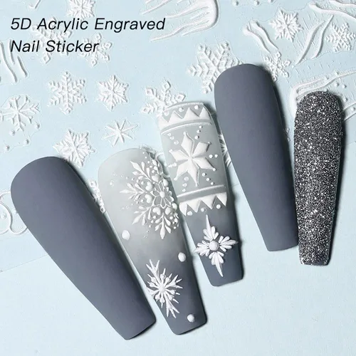 Vista 2 de Calcomanías de arte de uñas de copo de nieve, 5D en relieve, Navidad, blanco, 4 hojas (copos de nieve A)