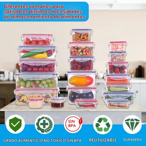 Vista 2 de 40 recipientes reutilizables de almacenamiento de alimentos con tapas herméticas, 100% de plástico a prueba de fugas, organizador de cocina de grado