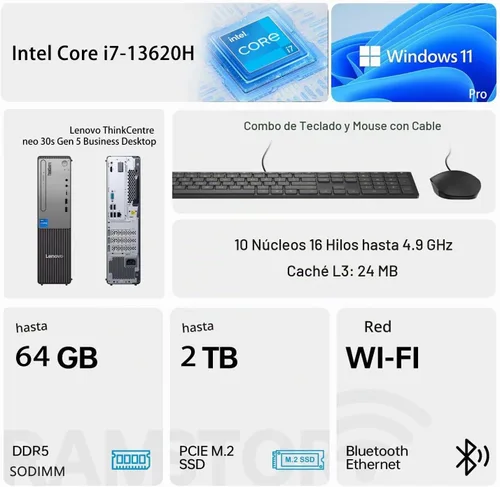 Vista 2 de Lenovo ThinkCentre - Escritorio empresarial de factor de forma pequeño, Intel Core i7-13620H de 13ª generación, DDR5 de 16 GB, SSD de 512 GB, HDMI