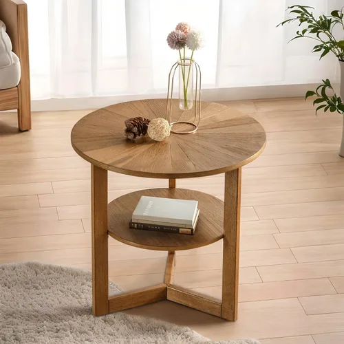 Vista 11 de Mesa de café redonda, mesa de café circular de madera de 35" con estante de almacenamiento, mesa central de 2 niveles para sala de estar