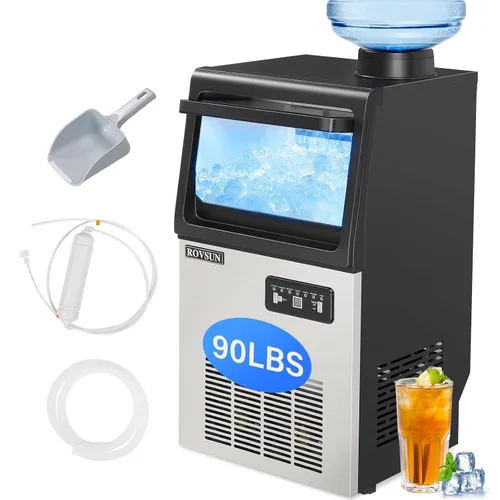 Vista 10 de ROVSUN - Máquina para hacer hielo de 70 libras/24 horas para encimera con 2 entradas de agua y función de programación, máquina independiente