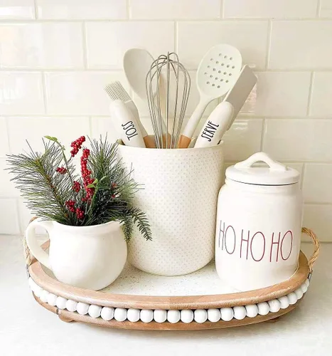 Vista 2 de Lavender Inspired Bandeja de madera rústica con cuentas y asas para cafetería, bandeja de madera envejecida estilo granja para decoración de mesa