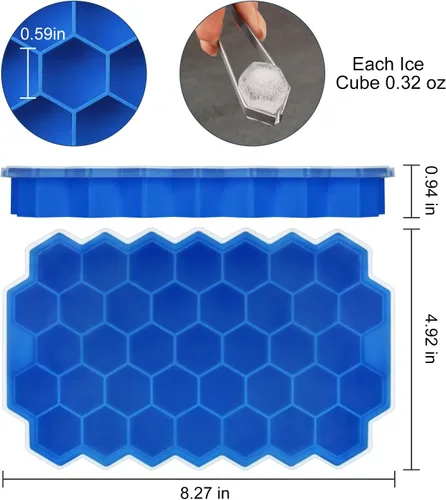 Vista 2 de Bandejas de cubitos de hielo para congelador con tapa-37 cuadrícula de silicona para moldes pequeños de cubitos de hielo, fácil de liberar y Azul