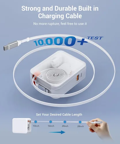 Vista 3 de Cargador USB C retráctil de pared con cables tipo C, carga rápida de 65 W, multipuerto de ladrillo esencial de viaje para Mac Book Pro/Air, iPhone