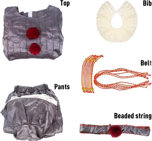 Vista 5 de Disfraz de payaso de Halloween, película de miedo, maquillaje de película de miedo, disfraz de cosplay para niños adultos (plateado)