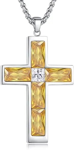 Vista 19 de Collar de cruz con piedra de nacimiento para hombre, collar de cruz de acero inoxidable 316L con colgante de cruz de circonia cúbica para mujer