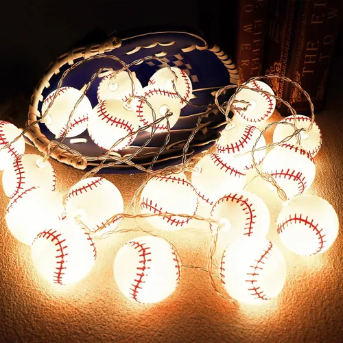 Vista 8 de Yayfazy Luces de Cadena de Decoraciones de Béisbol, Temporizador que Funciona con Pilas 6.5 pies 10LED Decoración de Habitación, Adornos de Béisbol