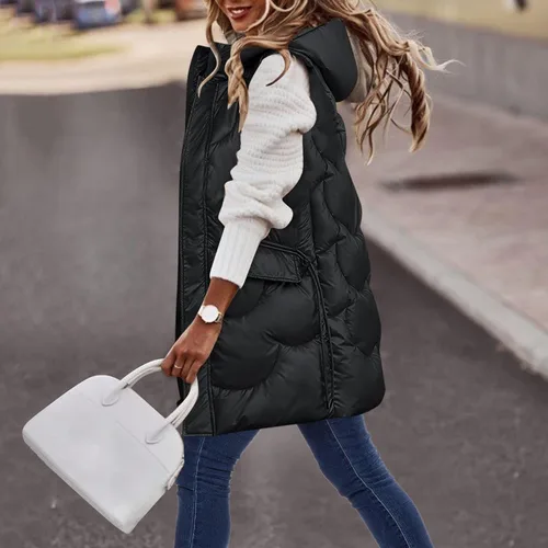 Vista 2 de Chaleco con capucha para mujer, versión larga, acolchado, con relleno de plumón sintético, adecuado para otoño e invierno, chalecos de talla grande