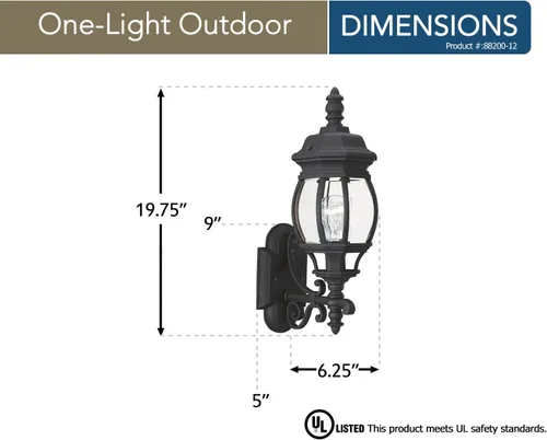 Vista 2 de Sea Gull Lighting 88200-12 Wynfield - Farol de pared para exteriores con paneles de vidrio biselado transparente, acabado negro